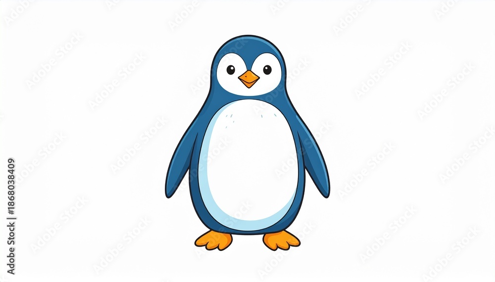 Obraz premium Cute cartoon penguin standing upright with blue and white feathers, isolated on white background.