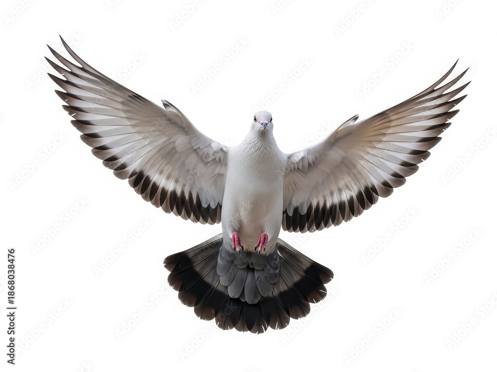 Obraz premium Dove in flight with wings spread wide flying against a white background