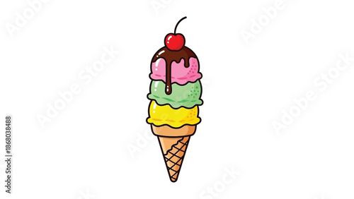 Deliciously appealing cartoon illustration of a triple scoop ice cream cone topped with chocolate syrup and a bright red cherry garnish
