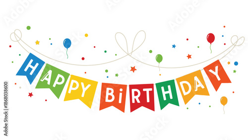 Colorful festive banner displaying happy birthday lettering strung with floating balloons and stars for celebration