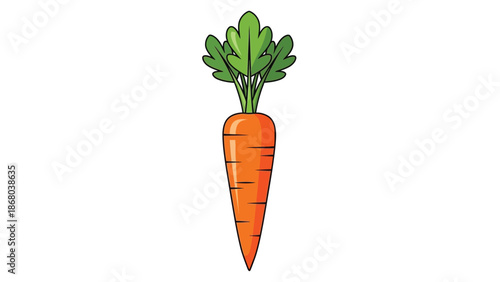 Brightly colored cartoon illustration of a single vibrant orange carrot featuring a healthy green leafy top representing fresh produce and vegetable goodness.