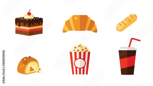 Assortment of sweet and savory baked goods and snacks including a layered cake croissant popcorn and a soda drink