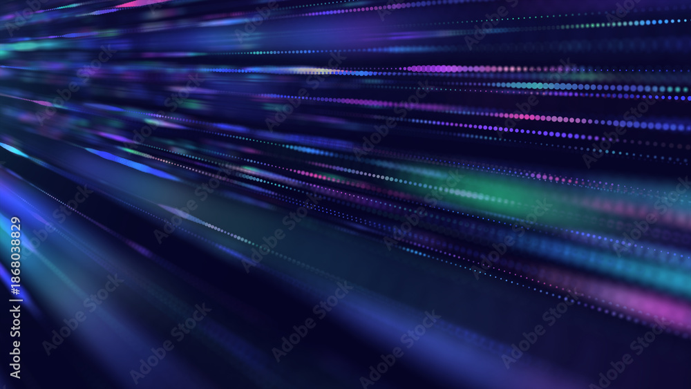 Obraz premium Abstract futuristic multicolor points streaks lines from on a dark cyberspace. Concept for motion, speed and technology.