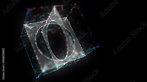 Abstract big data 3D digital cube algorithmic with holes grid inside. Quantum computing concept on dark background. Artificial intelligence design.Blockchain grid box сoncept.