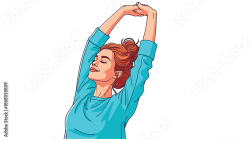 Satisfied young woman with reddish brown hair tied up in a messy bun stretches both arms high above her head feeling refreshed and energized