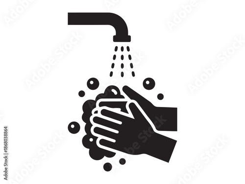 Hands washing under a modern faucet with soap and water bubbles vector illustration