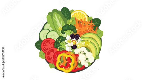 Vibrant flat illustration of a healthy gourmet salad bowl filled with fresh colorful vegetables and ingredients served for a nutritious meal