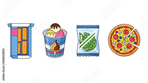 Collection of stylized vector illustrations showcasing various popular frozen and convenience food items including savory snacks ice cream and frozen vegetables for quick meals