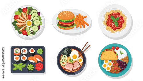 Collection of six distinct international meal illustrations featuring a vibrant chicken salad, classic hamburger with fries, Italian spaghetti, sushi platter, savory ramen bowl, and a taco plate.