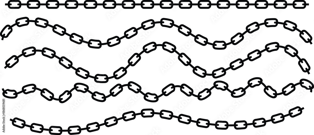 Fototapeta premium Multiple black chain link patterns forming straight and wavy lines on a clean white background