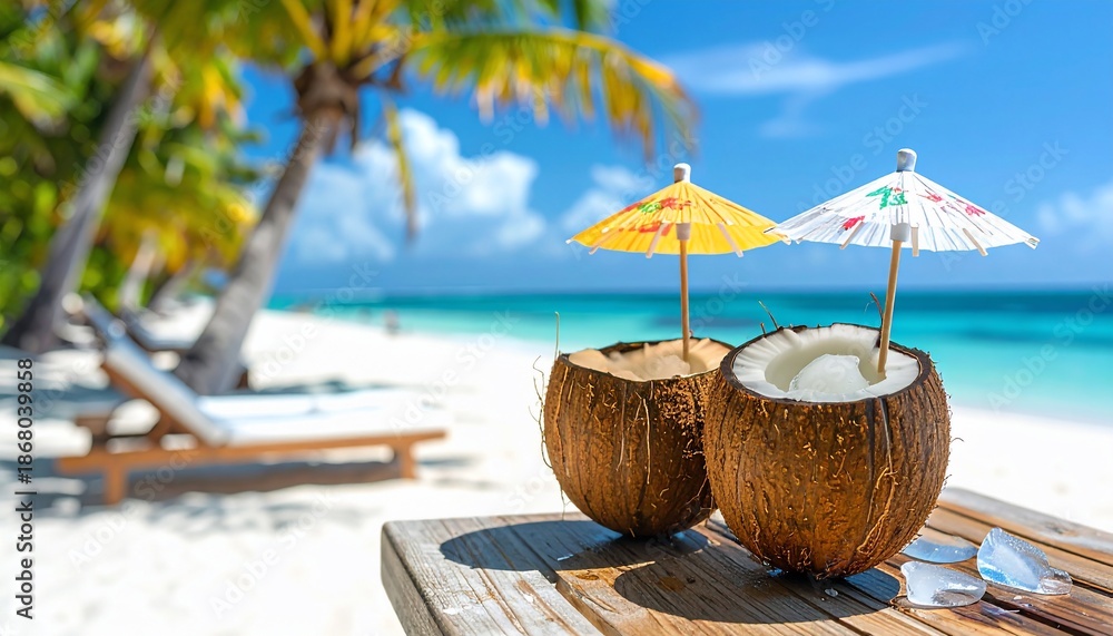 custom made wallpaper toronto digitalTwo coconut cocktails with umbrellas on a wooden table, overlooking a tropical beach