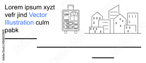 Travel, urban living, packing, organization, tourism, cityscape exploration. Open suitcase with packed clothes next to buildings in a linear style. Travel and urban living visual concept