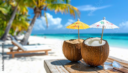 Wallpaper Mural Two coconut cocktails with umbrellas on a wooden table, overlooking a tropical beach Torontodigital.ca