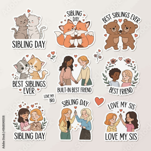 Colorful sibling stickers showcasing friendship and love between siblings on sibling day