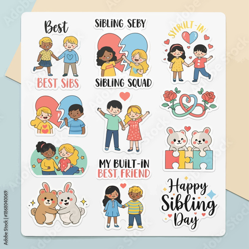 Colorful sibling stickers showcasing friendship and affection on a white background