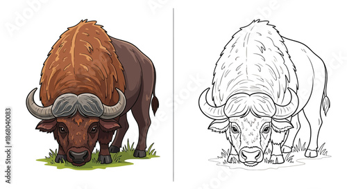 African Buffalo Grazing Color and Sketch Illustration Comparison For Wildlife Education And Art