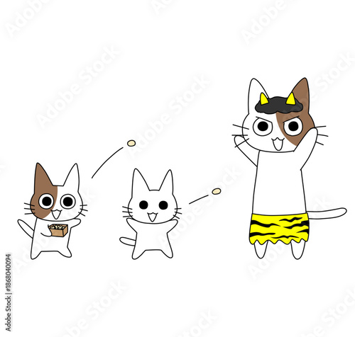 節分の豆まきで鬼ごっこをする猫のイラスト 虎のパンツを履いた赤鬼役と豆を投げる猫たち