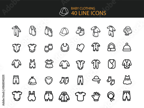 Baby Clothing Line Icons Set on White Background Keywords: baby, clothing, onesie, romper, vest
