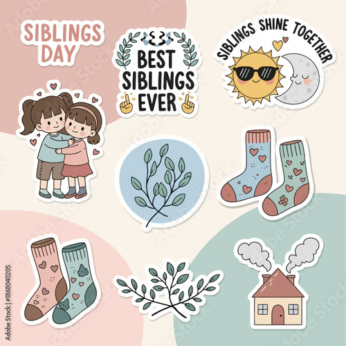 Illustrations of siblings and symbolic elements celebrating togetherness on a pastel background