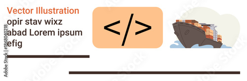 Global trade, coding technology, export logistics, supply chain, programming interface, cargo management. Export ship and coding symbol. Global trade and export logistics focus