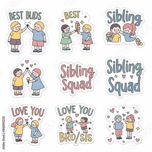 Children illustrations showcasing sibling affection and friendship in various colorful graphic designs