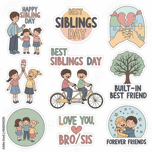 Illustrations of siblings celebrating their special bond on National Siblings Day with various heartwarming scenes and messages