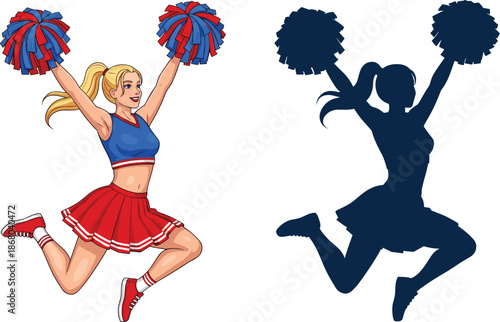 Cheerleader jumping with pom poms illustration and silhouette, sports spirit and performance concept