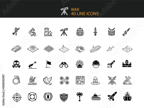 War and Military Line Icons Set with Tanks Planes Soldiers and Weapons Keywords: war, military