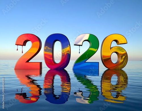 Colorful, reflective 2026 numerals floating on water against a blue sky