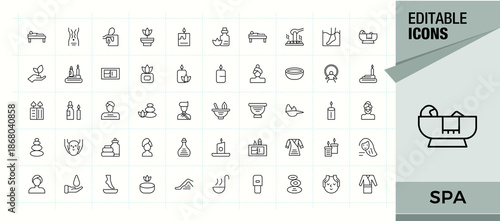 Spa linear icon set. Sauna line icon set. Pack of wellness, massage, skin, care, relaxation, body, salon and more. Vector collections.