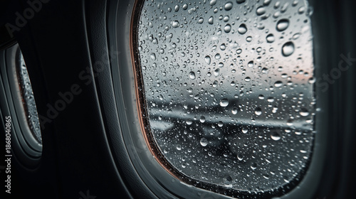 The window of an airplane is covered in raindrops
