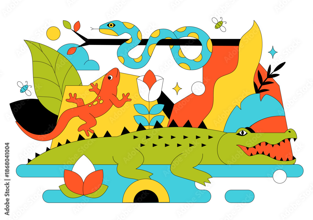 Obraz premium Reptile Vector Illustration Featuring Detailed Scales And Natural Wildlife Design With Various Species Of Reptilian Animals In Flat Background
