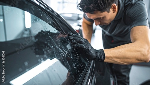 Applying Dark Window Tint Film on Vehicle in Professional Garage