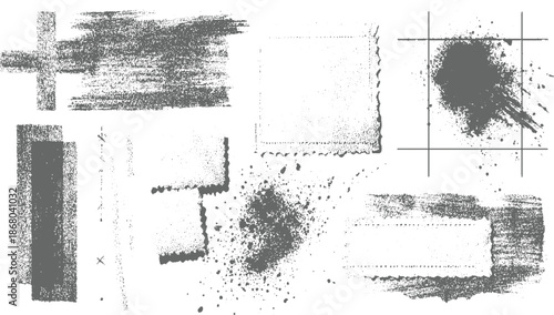 Assortment of grunge paint strokes, ink splatters, and textured squares with rough edges for abstract artistic and distressed