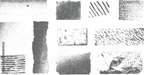 Collection of diverse grunge textures and torn paper with varying dot patterns and linear striations for overlays