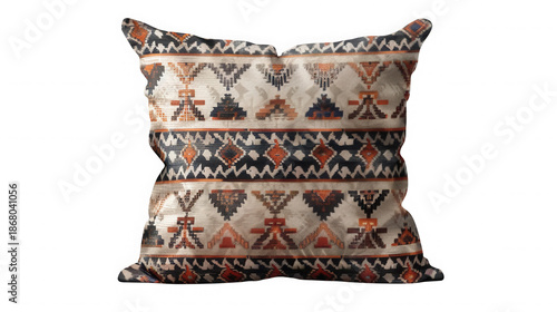 Authentic rustic kilim patterned throw pillow featuring tribal geometric embroidery designs for modern bohemian decor on transparent background