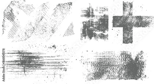 Four distinct grunge featuring cross shapes, striped patterns, and rough textured surfaces for abstract applications