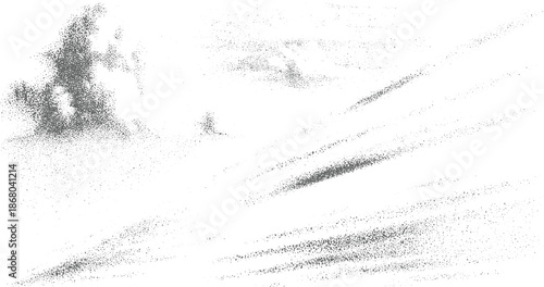 Abstract grey stippled cloud-like formations and streaks on a white background creating a distressed and ethereal artistic effect for