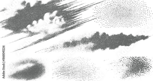 Six abstract grey stippled cloud-like formations and scattered dot patterns on a white background creating a distressed artistic effect for