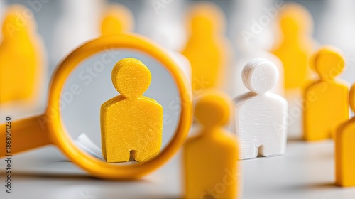 Yellow magnifying glass on focus of figure among other similar figurines