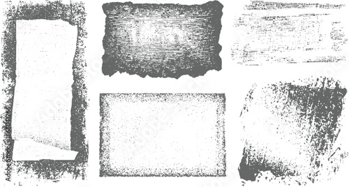 Collection of five distinct distressed grunge textures and torn paper in monochrome gray, adding vintage or artistic touches to