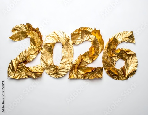 Gleaming golden 2026 numerals formed from decorative leaf elements