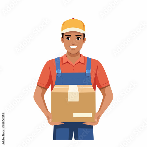 Delivery person holding a package in front of a white background
