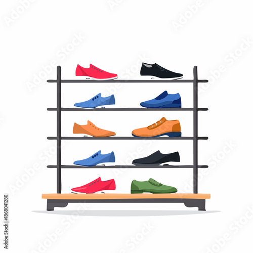 A minimalist shoe rack with various colorful shoes on display in a modern setting