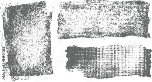 Set of three abstract distressed grunge textures with rough surfaces and varying patterns in monochrome gray, artistic backgrounds and overlays