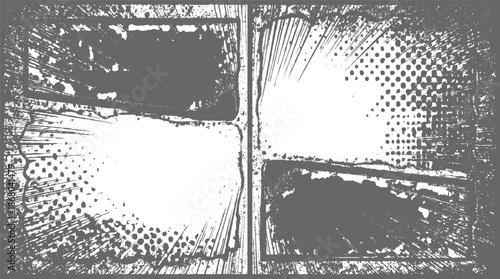 Dynamic abstract grunge frame with radiating lines, halftone patterns, and distressed rectangular for a bold