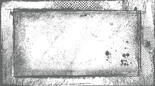 Grungy rectangular frame with halftone dots and subtle ink splatters, providing a distressed abstract background for creative projects