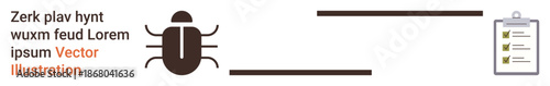 Cybersecurity, bug fixing, data analysis, quality control, issue tracking, process optimization. A bug icon and a clipboard with checklist. Cybersecurity and bug fixing concepts