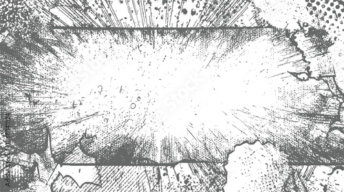 Grungy rectangular frame with comic book style explosion effect, radiating lines, and halftone texture for vintage projects