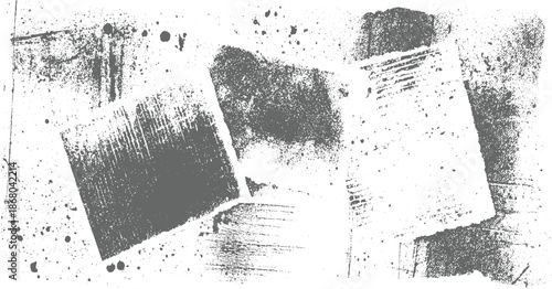 Abstract composition of overlapping distressed squares with rough textures and scattered ink splatters, evoking a raw artistic feel